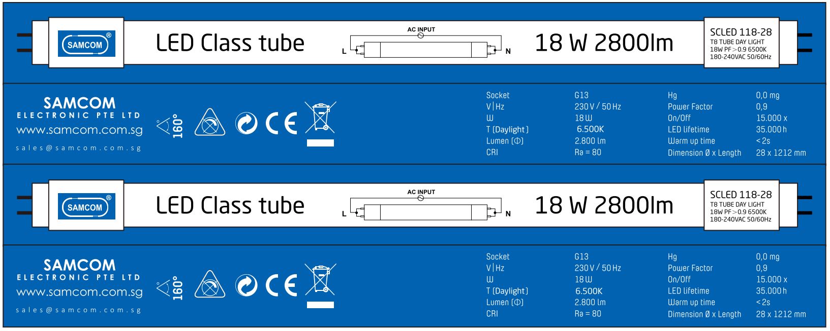 Technical Characteristics.
- Single End connection provide fast respond within 0.5sec light up.
- Led Lamp in T8 shape with G13 socket. 
- Current input 110v-240vac 50/60hz
- 4 feet 18w Daylight 6500k with Super bright 1800lm. 
- ROHS compliant and ECO lighting product.
-  30000 hour lifespan.

Daylight Lighting (5000k-6500k)
Daylight lighting should be used carefully as it can appear very harsh and clinical. Recommend daylight lighting only being used in high work areas such as offices or warehouses. The brightness and white appearance of daylight lighting reacts with the human brain to make it more awake and alert. It is the closest simulation of the natural feel of a bright sunny day. Below is a great example showing the bright 6000k daylight colour in an office application.

Suitable application: 
• Home, Office and Shopping mall.
• Industrial and warehouses.
• Covered car parks are.

*** Local 1 Year Carry In Warranty. ***
 1 to 1 replace when result show product default.
One Stop Solution.( Sales and Project Quote): +65-82001069 ( Vincent Cheng Chye Sheng )
Help desk Office contact: +65-6744110