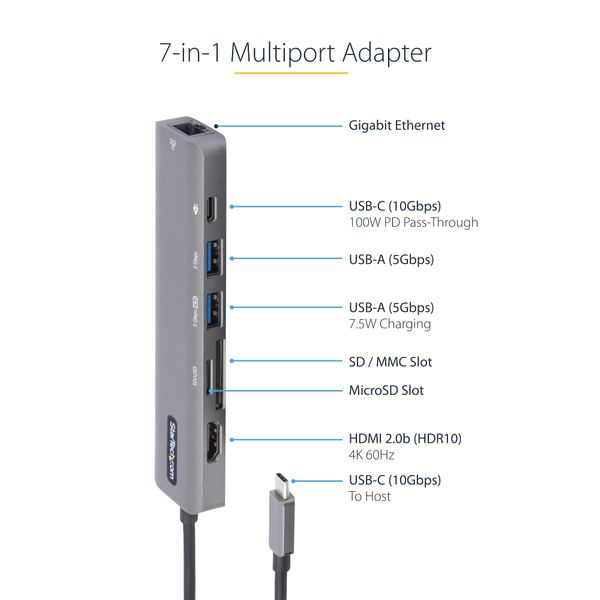 7-Port USB-A Hub, Data Rates up to 5 Gbps, 12W BC 1.2 Charging