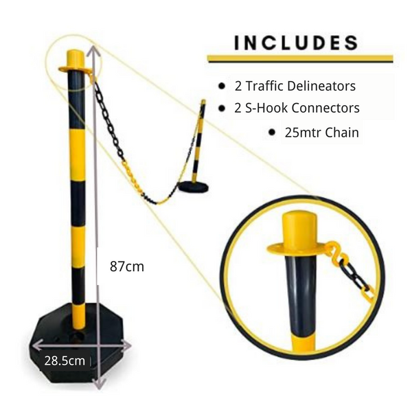 Construction Sites Road Markings or Street Poles Assemble Portable Stanchion with fillable Bottoms 2 Lightweight Traffic Delineator Poles with Chains,35” PE Caution Barrier for Parking Spaces 