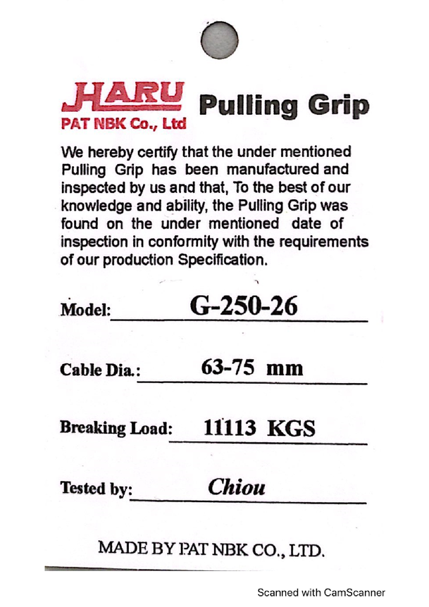 Haru G25026 Cable SOCK/PULLING Grip 6375MM 11113KG C/W Mill