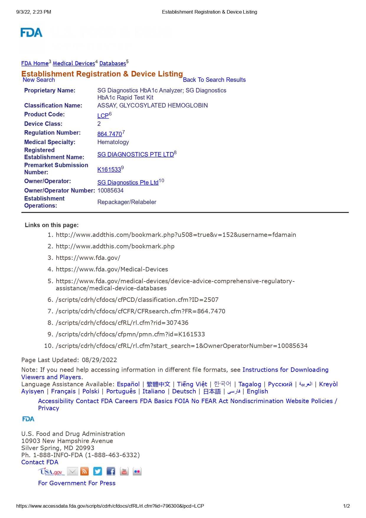 Sg Diagnostics HbA1c Analyzer Test Kit Eezee