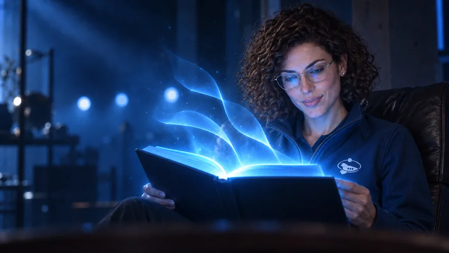 Una lectora con chaqueta de Efeonce lee con calma una guía cuyas páginas se elevan como hojas de luz