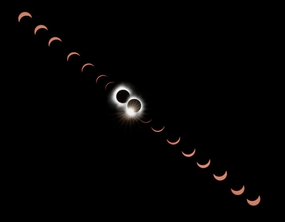 Time-lapse of a total solar eclipse: the Sun narrows to a crescent, the diamond ring and corona appear at totality, then the crescent returns