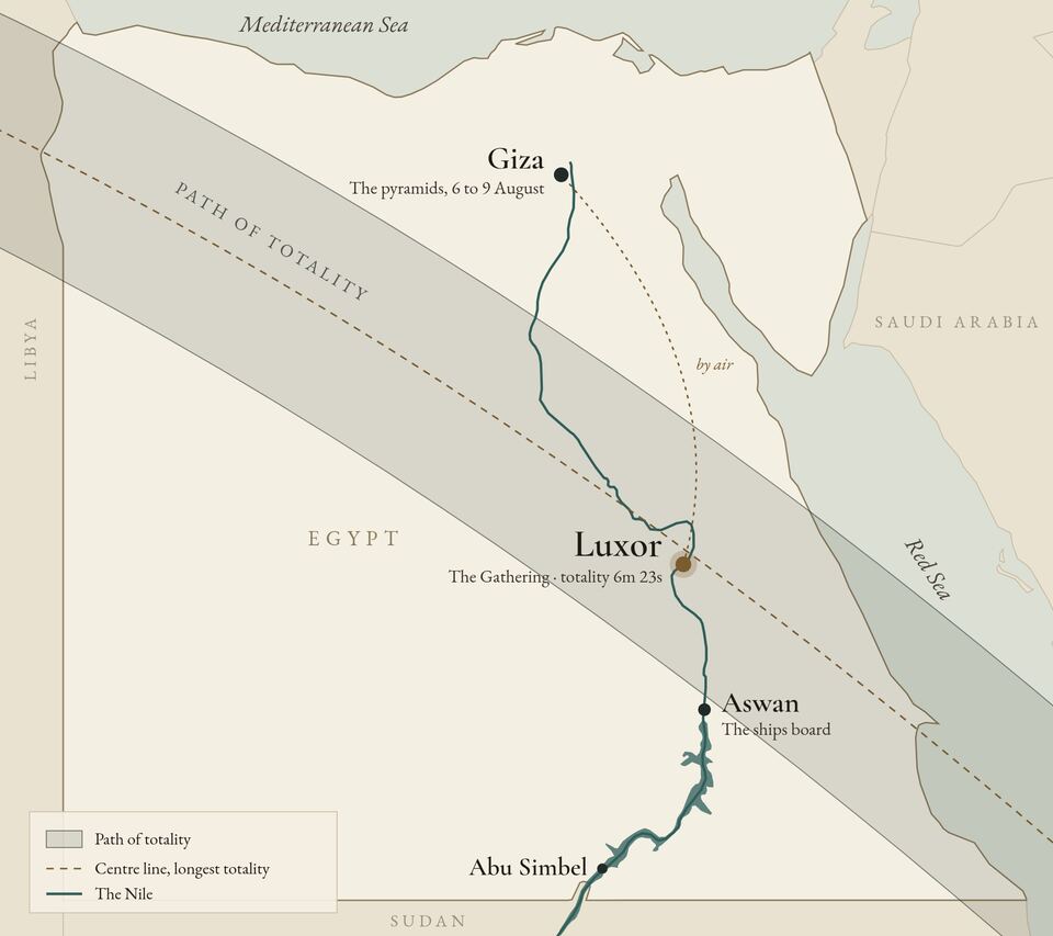 Map of Egypt showing the path of totality on 2 August 2027 crossing the Nile at Luxor, with Aswan, Abu Simbel, and Giza marked