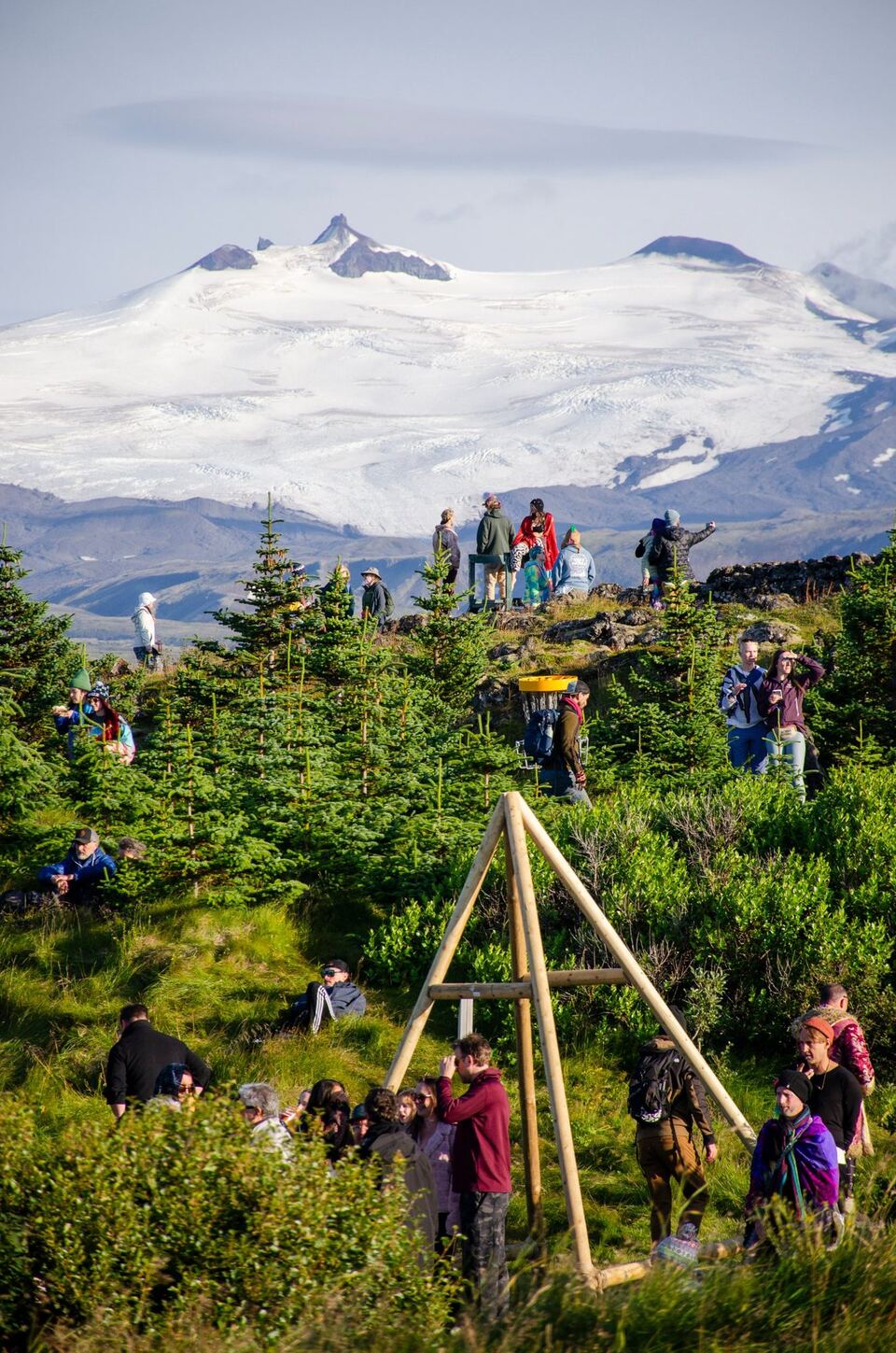 Eclipse Seekers on a rocky hilltop among young pines, the glacier behind them