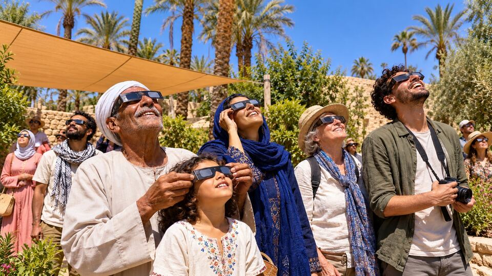 Illustration: guests and local families looking up through eclipse glasses at first contact