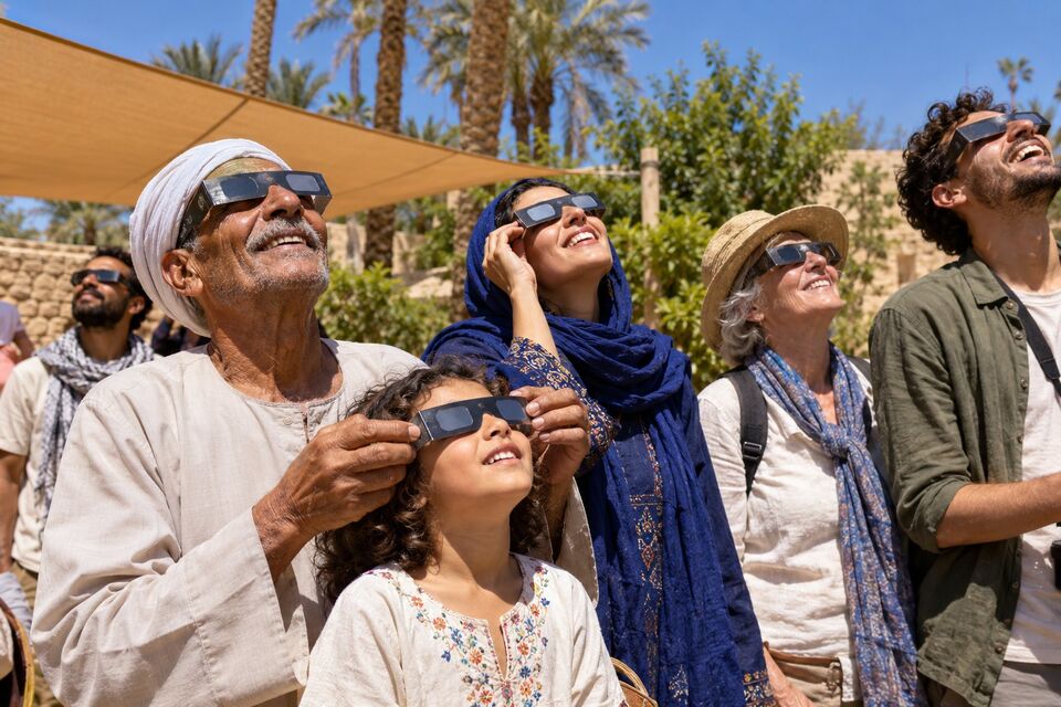 Artist's impression: Eclipse Seekers and local families looking up together on eclipse day