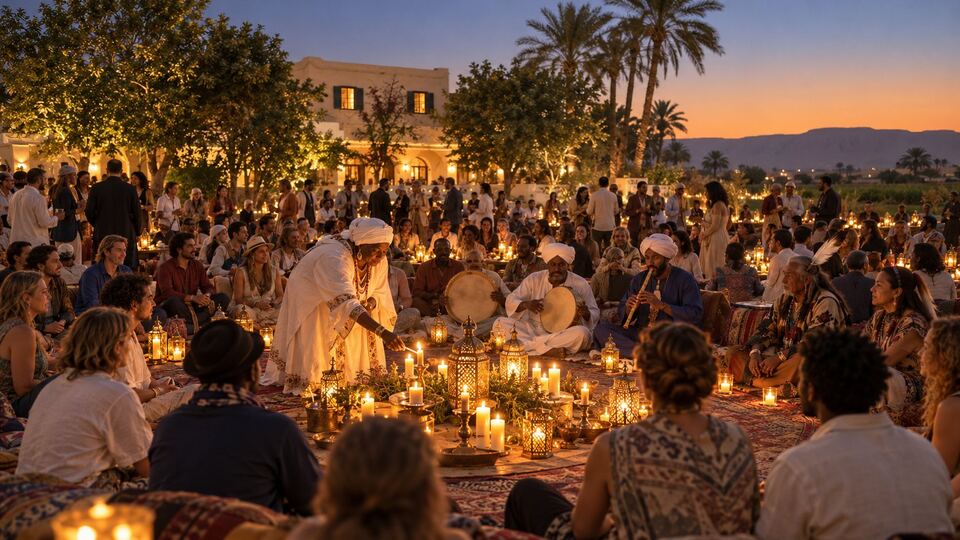 Illustration: a wisdom keeper lighting candles at the centre of a circle at dusk, with frame drums and a flute