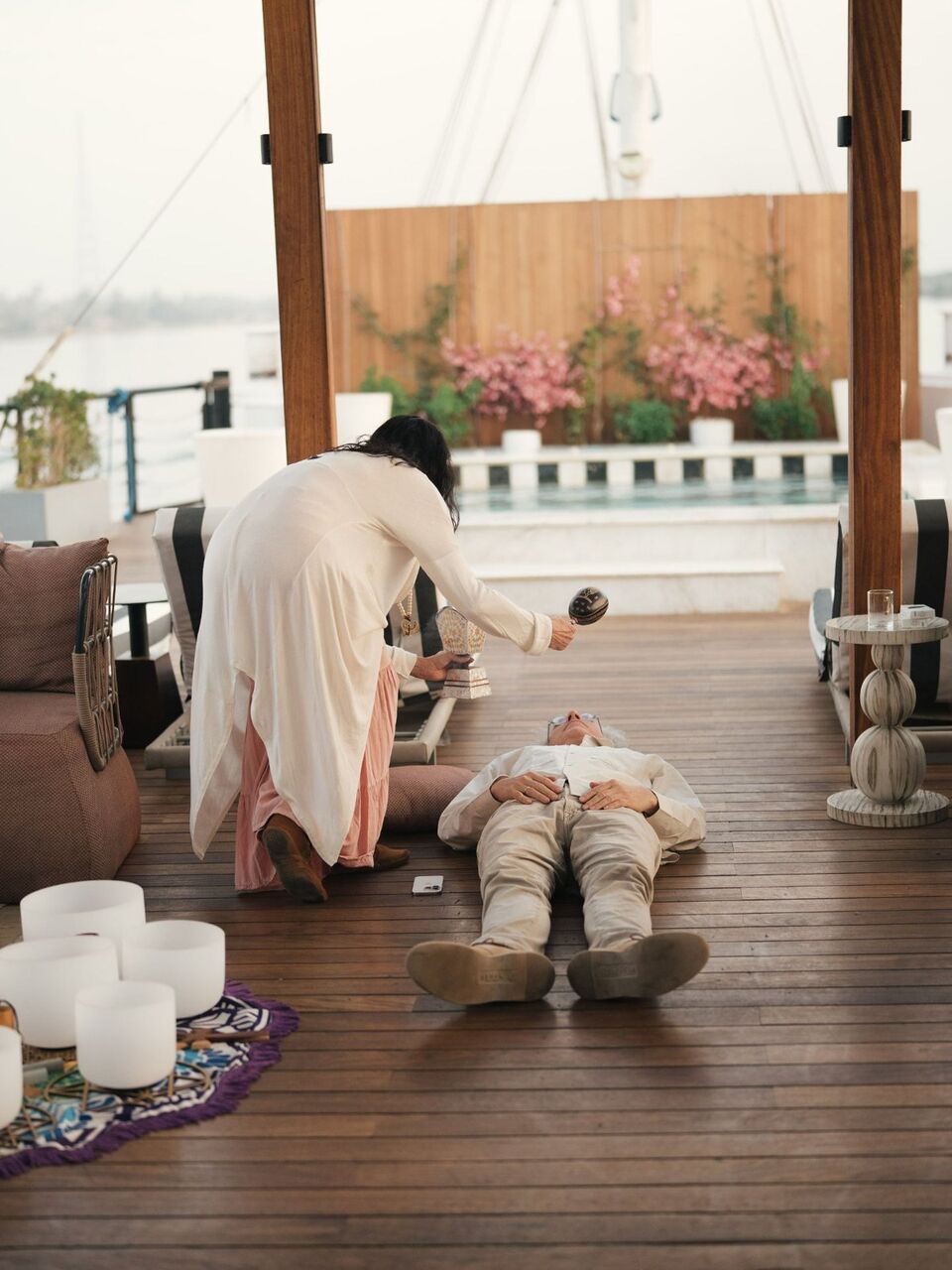 A sound healing session on the sun deck of a Nile ship