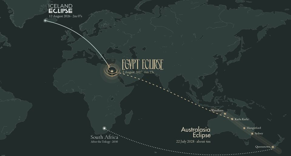 World map of the Eclipse Trilogy: a greyed line from Snaefellsnes, Iceland, marked with the Iceland Eclipse logo (chapter one, 2026), to Luxor, Egypt, marked with the Egypt Eclipse logo (chapter two, 2027), then a dashed line to the 2028 path of totality across Australia and New Zealand, marked with the Australasia Eclipse logo, with five candidate sites: Wyndham, Karlu Karlu, Hungerford, Sydney, and Queenstown. A greyed dotted line continues to South Africa, after the Trilogy, in 2030