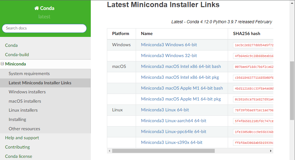 latest miniconda installer links