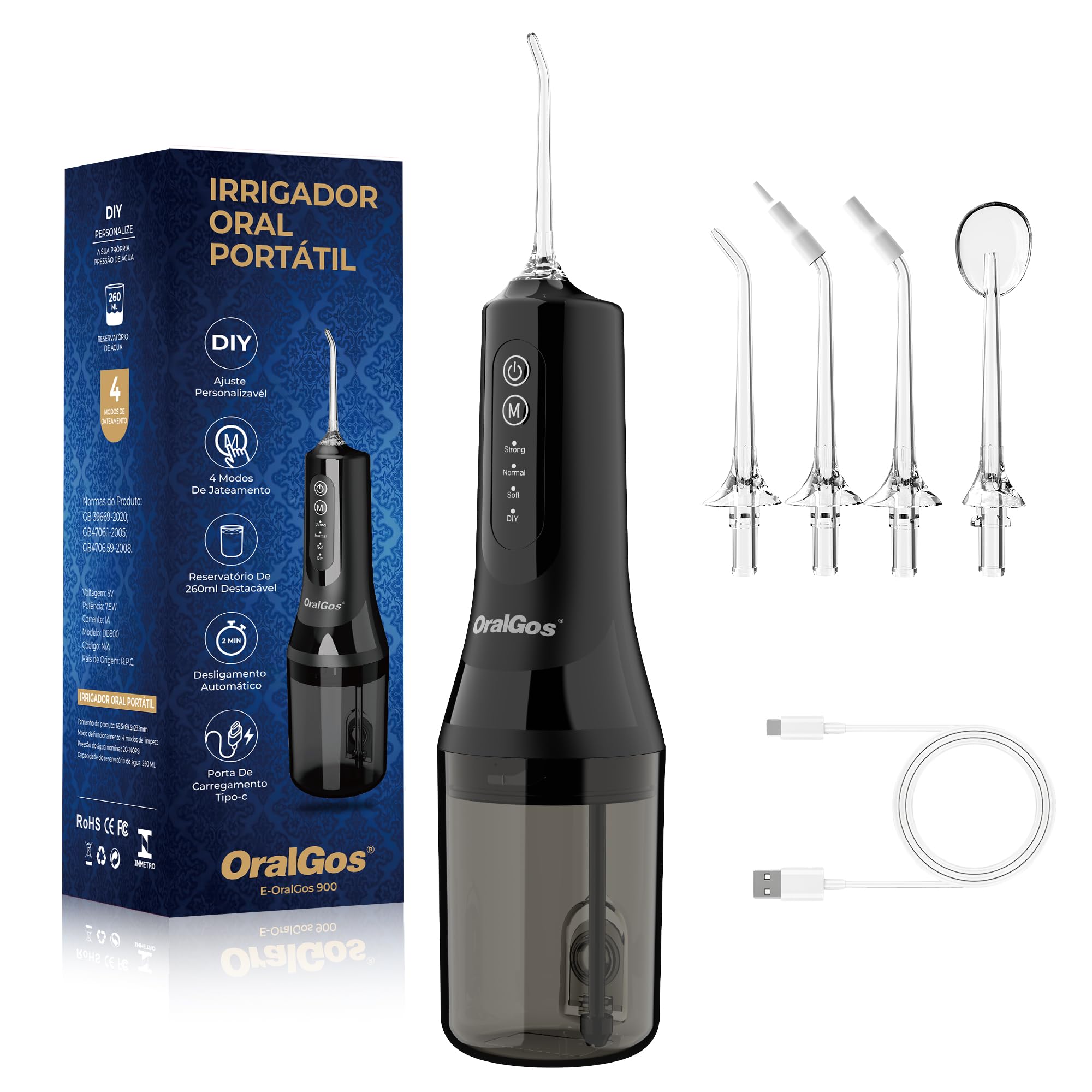 Irrigador Dental Portatil 260ML, 4 Modos De Jato, 4 Bicos, Limpeza Profunda Dos Dentes E Gengivas