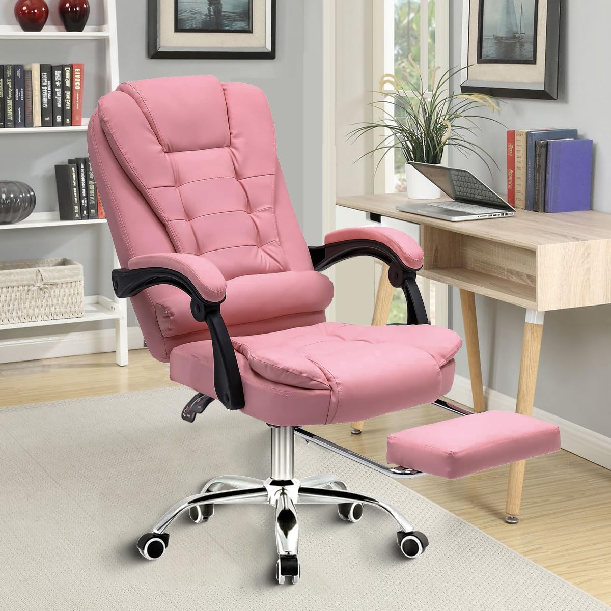 Cadeira de escritório presidente, cadeira de home office com apoio para os pés e encosto ajustável（Preto）