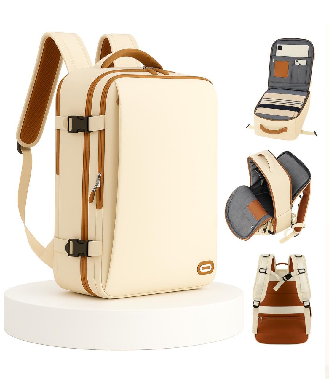 Mochila Viagem Masculina Feminina Grande – Mochila executiva Reforçada, Antifurto, Saídas USB e Fone, Alça de Aço, Impermeável, Escolar, Faculdade, Trabalho, Viagem – Bege Premium