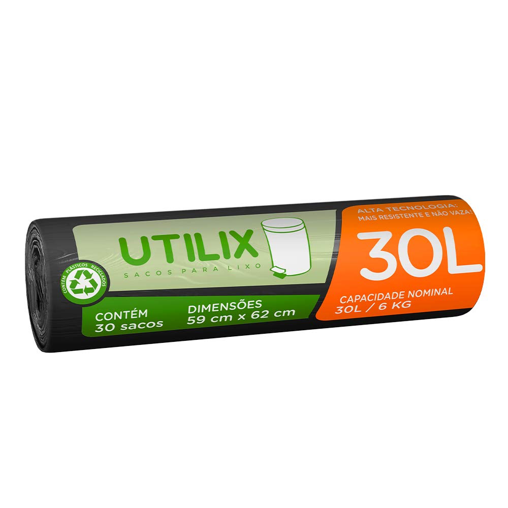 Utilix 510024312 - Saco Para Lixo, 30 Litros, Preto, Rolo Com 30 Sacos