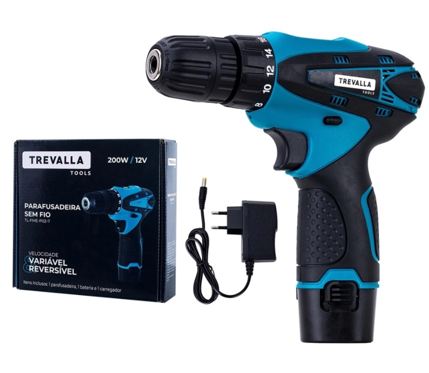 Furadeira Parafusadeira à Bateria De Lítio 12V Trevalla TL-FME-P02-7 Torque 23Nm