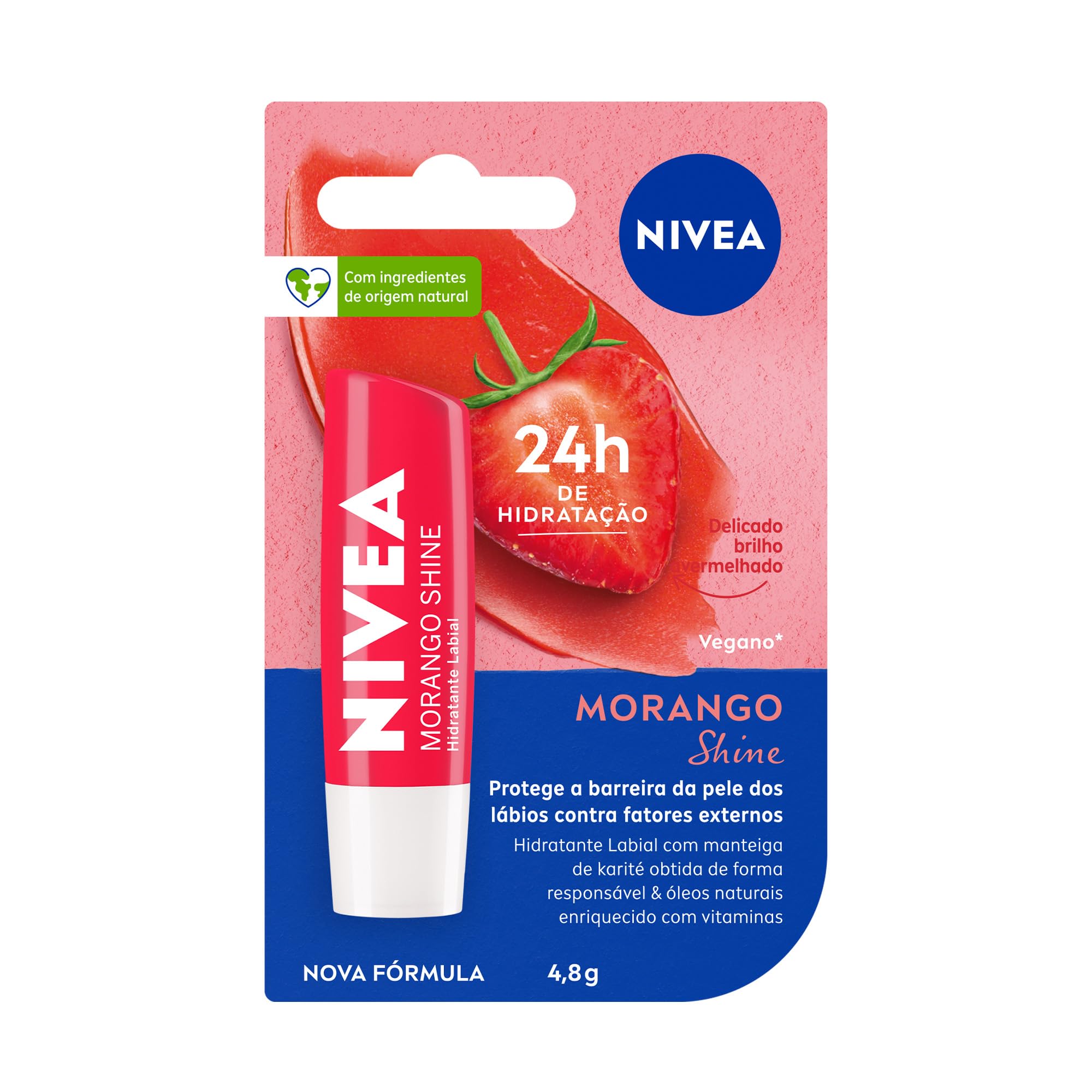NIVEA Hidratante Labial Morango Shine 4,8g - Cuidado intensivo para seus lábios, hidratação prolongada, delicioso aroma de morango, pigmentos brilhantes e cor delicada