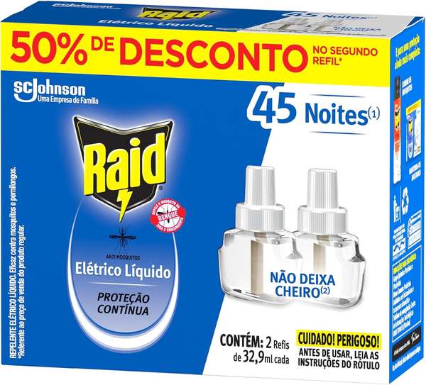 Raid Repelente Eletrico Líquido Refil, Até 45 Noites De Proteção, 2 Unidades De 32,9ml
