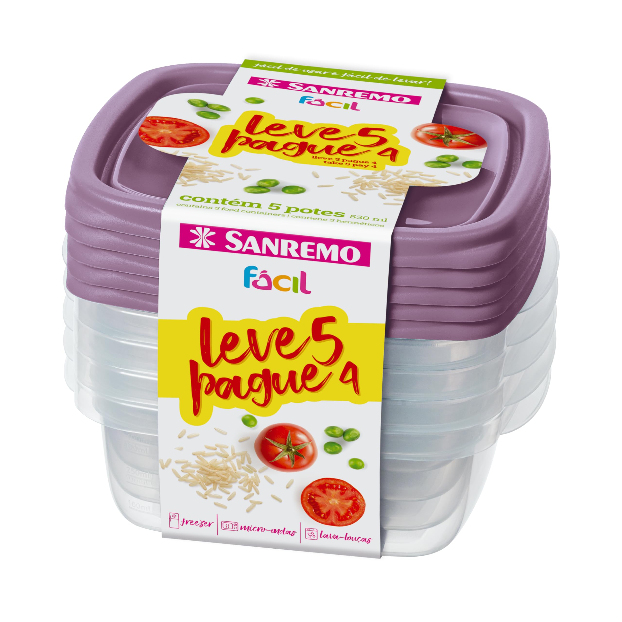 Sanremo - Conjunto de 5 Potes Plástico Hermético de 530 ml, Linha Fácil