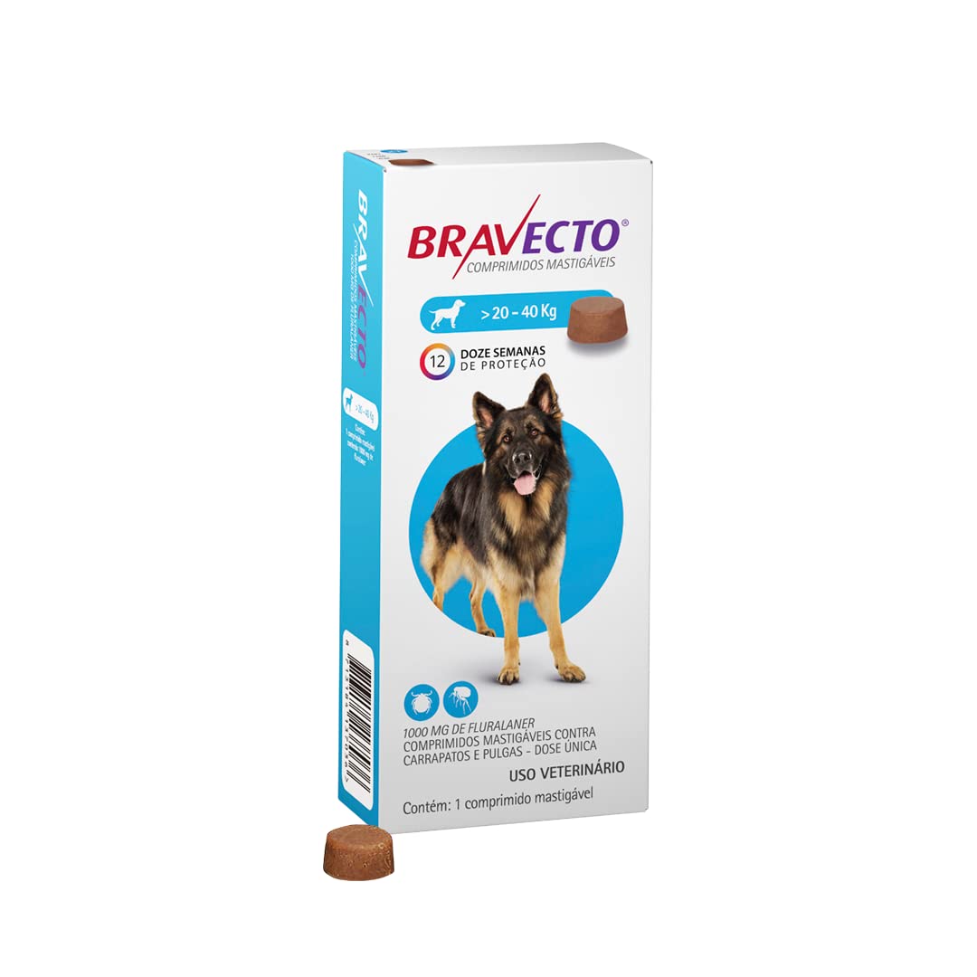 Bravecto® Cães 1000mg - Antipulgas E Carrapatos - Cães De 20 A 40kg - 1 Comp. Mastigável - MSD Saúde Animal