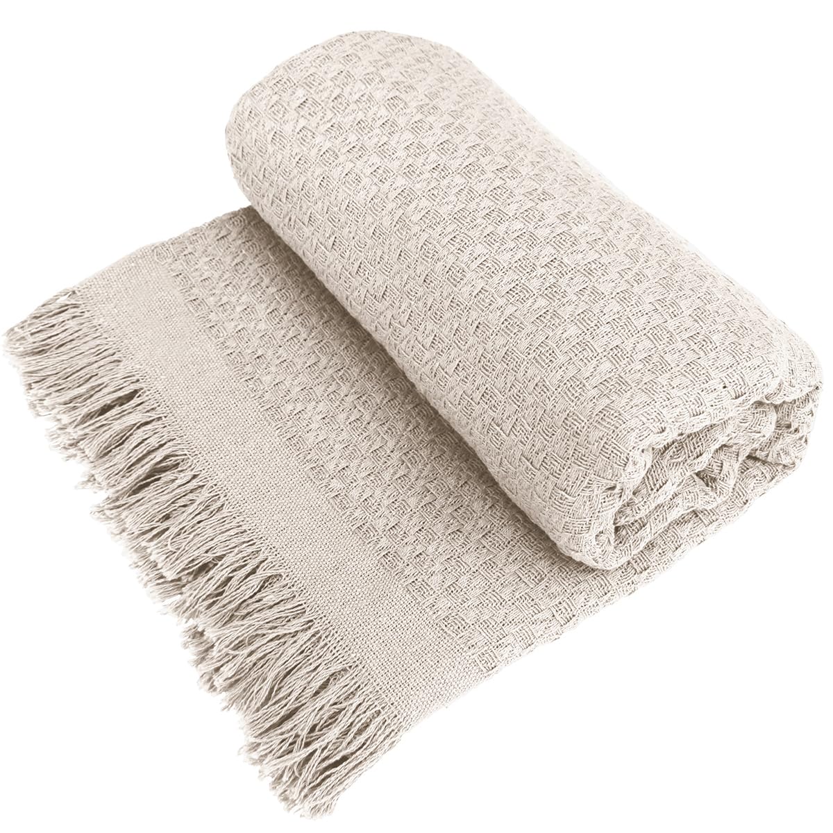 Decolab Manta para Sofá em Algodão com Franjas Artesanais | Cobertor Decorativo para Sofa, Poltrona e Cama | Estilo Boho Chic (Branca-Cru)