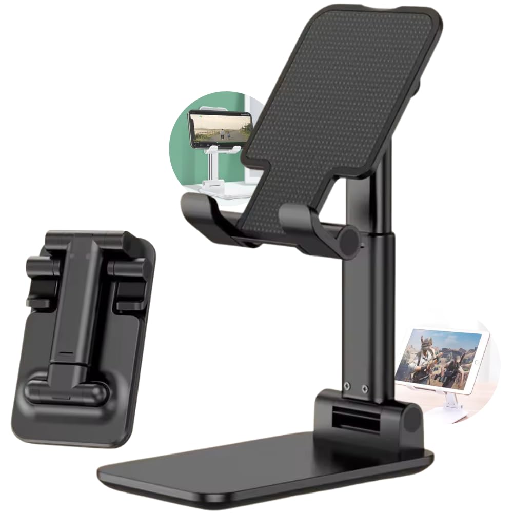 Suporte de Mesa para Smartphone e Tablet Dobrável Ajustável - Base Antiderrapante Universal - Ideal para Videochamadas, Filmes, Home Office e Viagens (Preto)