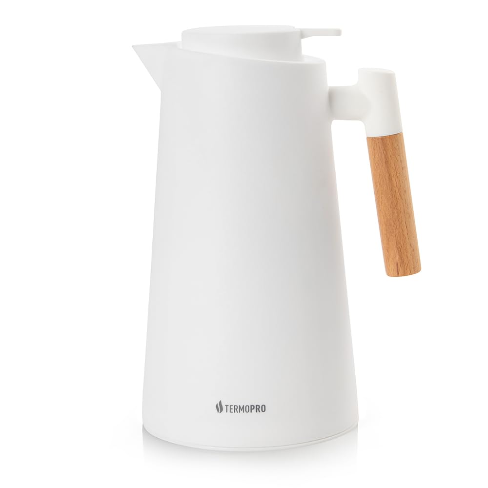 TERMOPRO Garrafa Térmica Princess 1L Termopro Branca Cabo com Acabamento em Madeira Café Chá Suco Mantém Bebidas Quentes por 6h e Frias por 12h | Ampola de Vidro Design Sofisticado e Funcional