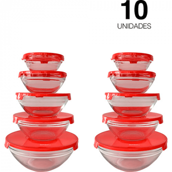Conjunto de Potes de Vidro Redondos e Tampa Plástica Vermelha 10 Peças – Basic+