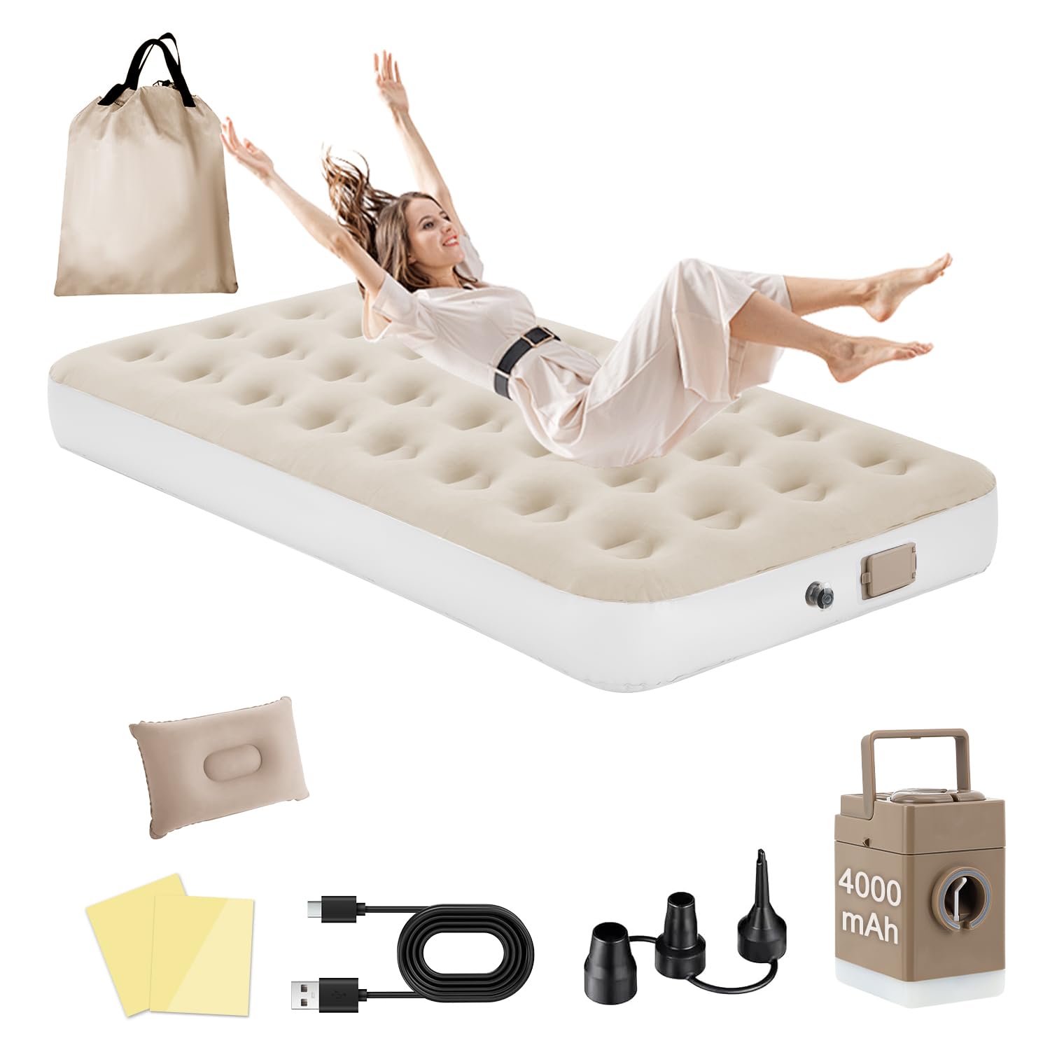 Colchão Inflável de Ar Queen Individual,190cm×95cm×25cm, 2025 NEW Actualizar a Qualidade, com Bomba Rápida Inflação/Deflação, Terno Comfort, Camping, Viagem, Portátil Impermeável