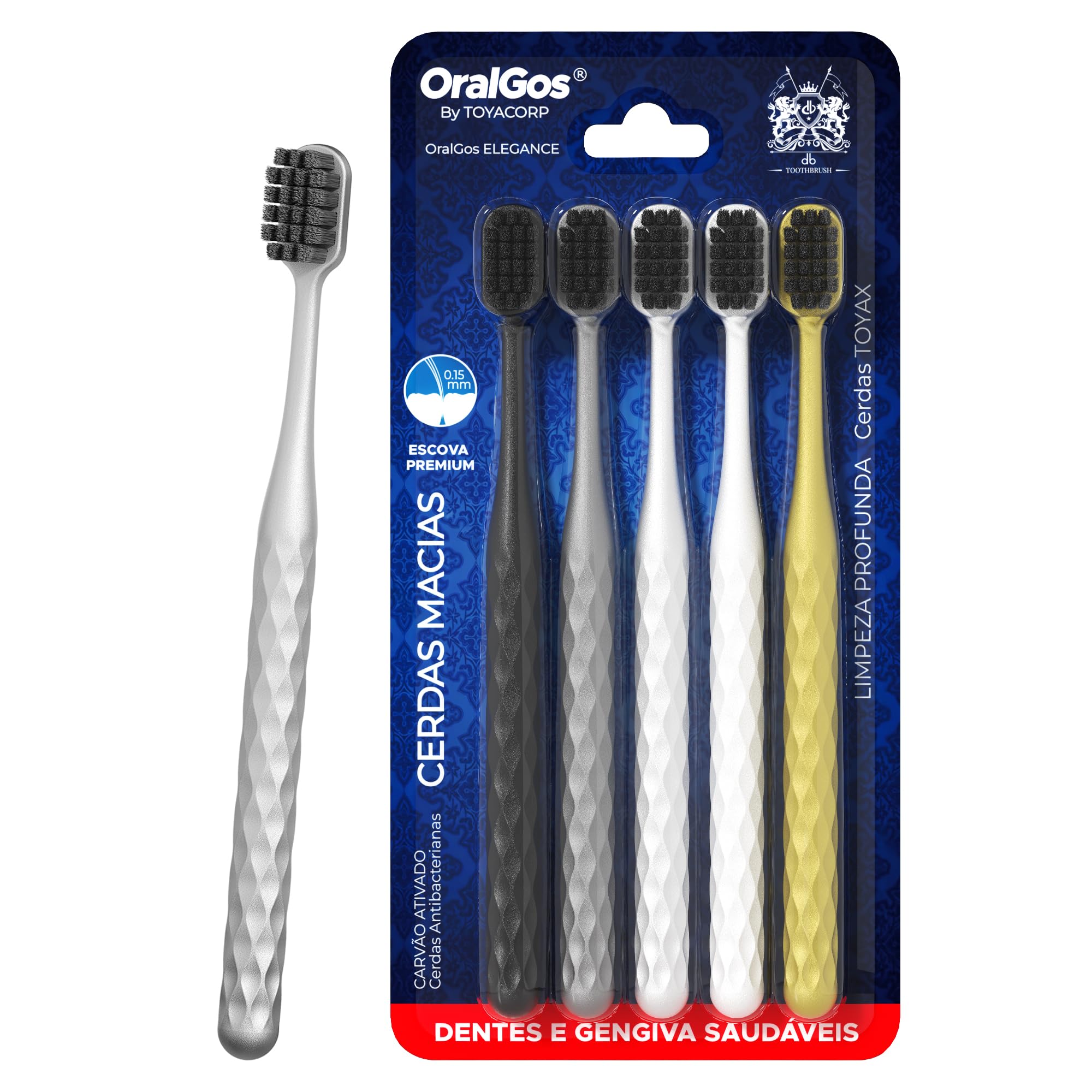 Oralgos Elegance Escova De Dente Adulto, 5 Unidades, Cerdas De Carvão Ativo, Ultra Macia, Para Gengivas Sensíveis, Multi-cores, Prática Para Viagem E Uso Familiar