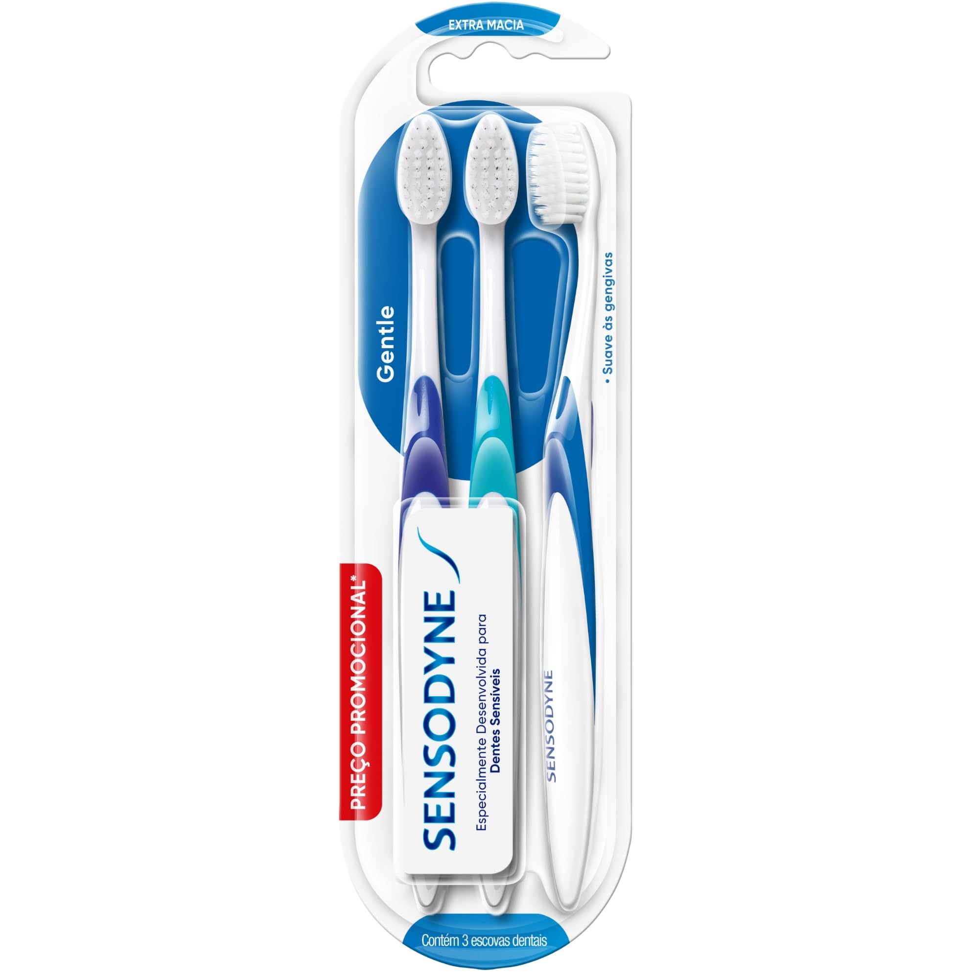 Sensodyne Gentle, Escova de Dente Extra Macia para Dentes Sensíveis, Suave às Gengivas e Limpeza Completa, 3 unidades