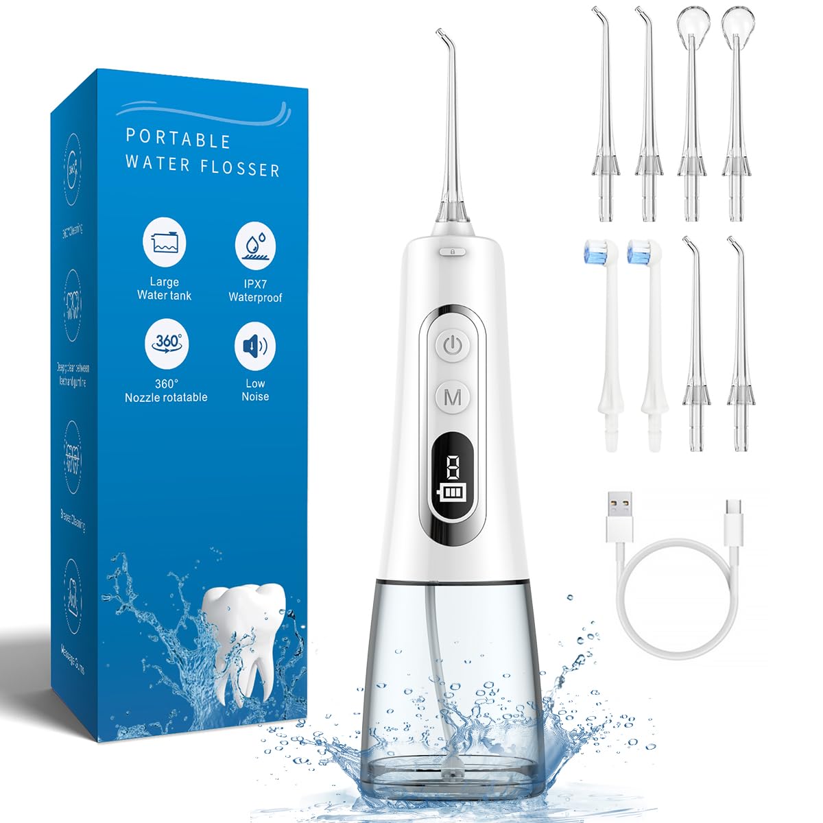 Irrigador Oral Portátil Com Fio Dental De água, 300ml, Recarregável, à Prova D'água IPX7