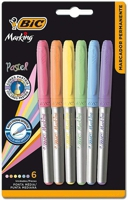 Pincel Marcador Permanente BIC Marking, Color Pastel, Ponta Média, 6 Cores, 891855, 6 Unidades, Tons Pastéis, Superfícies Diversas