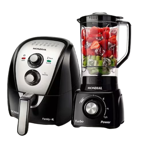 Fritadeira Elétrica Sem Óleo Air Fryer Mondial AFN40BI 4L - Preta/Inox + Liquidificador Mondial Turbo Power L-99 FB 500W com 3 Velocidades - Preto - 220V