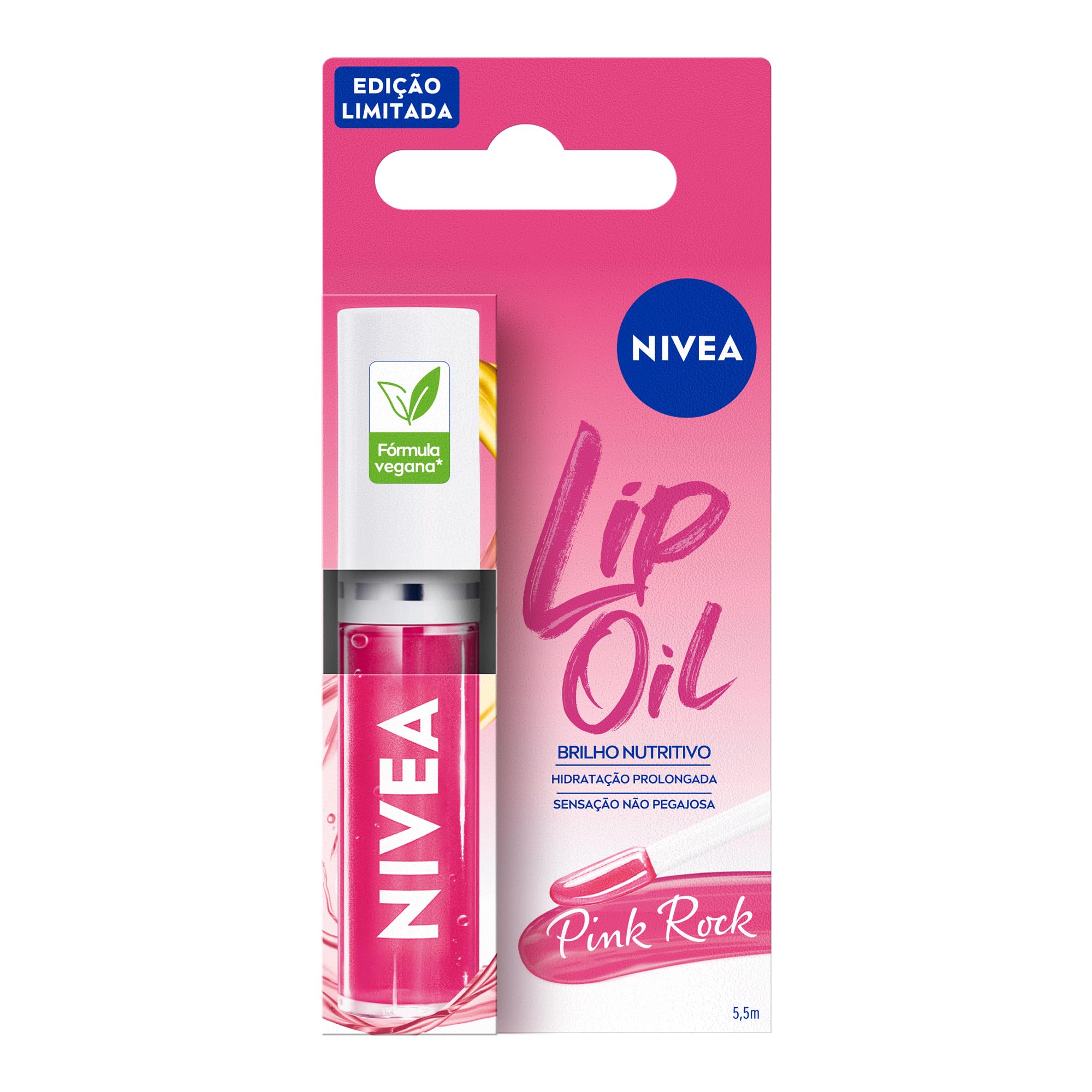 NIVEA Lip Oil Brilho Nutritivo Pink Rock 5,5ml - Hidratação prolongada, sensação não oleosa, lábios volumosos, acabamento brilhoso.