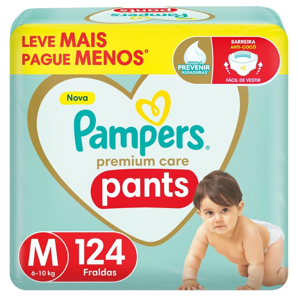 Pampers Premium Care Pants Fralda Tamanho M 124 Unidades, Fácil de Vestir