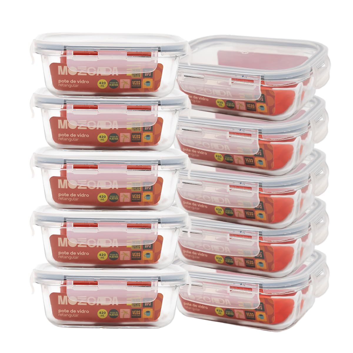 Mozcada - Kit 10 Potes De Vidro Marmita 420ml Hermético Com Trava Retangular