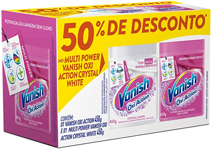 Kit Tira Manchas em Pó Vanish Oxi Action com 1 Rosa 450g e 1 Branco 450g