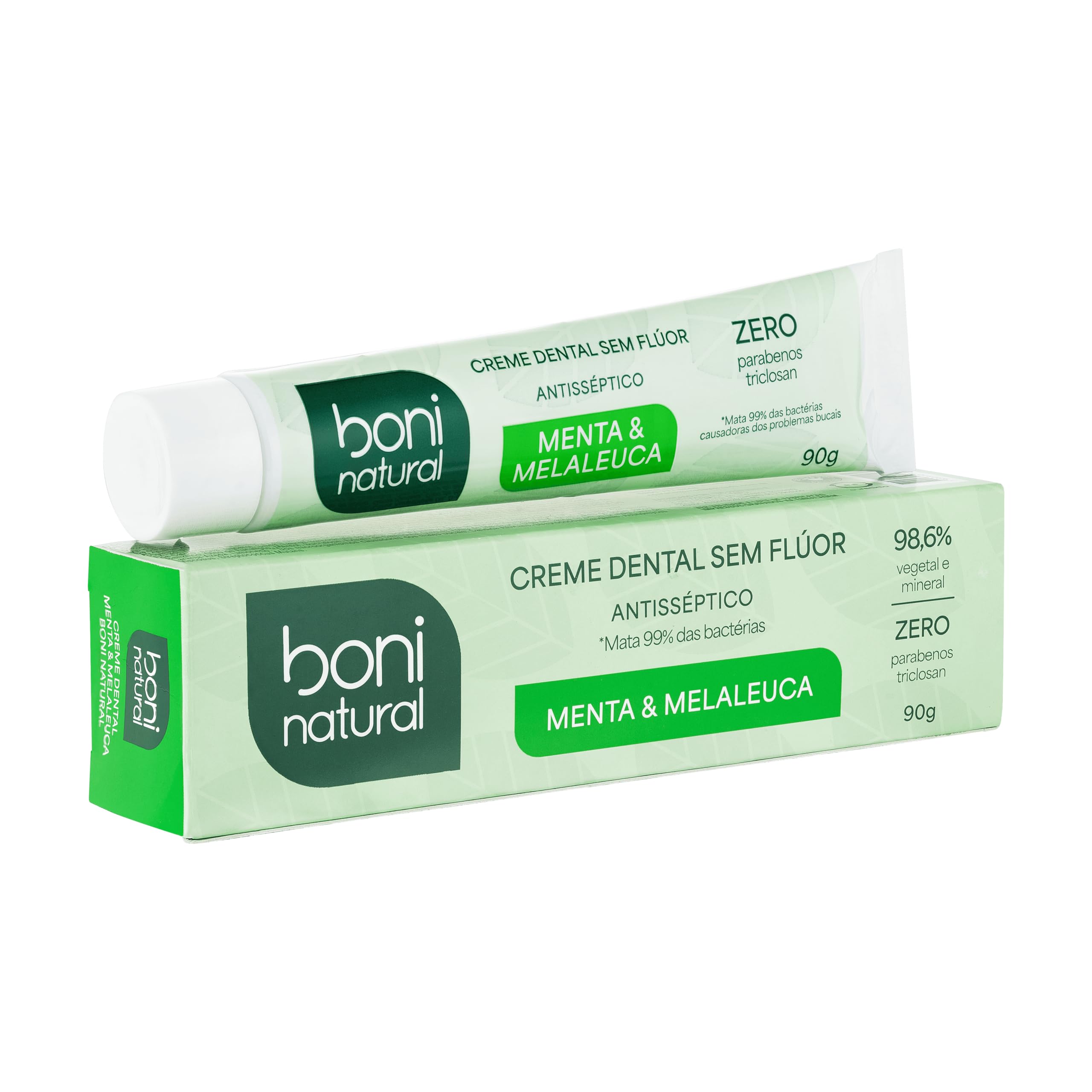 Creme Dental com óleos naturais de Menta e Melaleuca Vegano e Natural, Sem Flúor, Sem Triclosan, Boni Natural, Branco