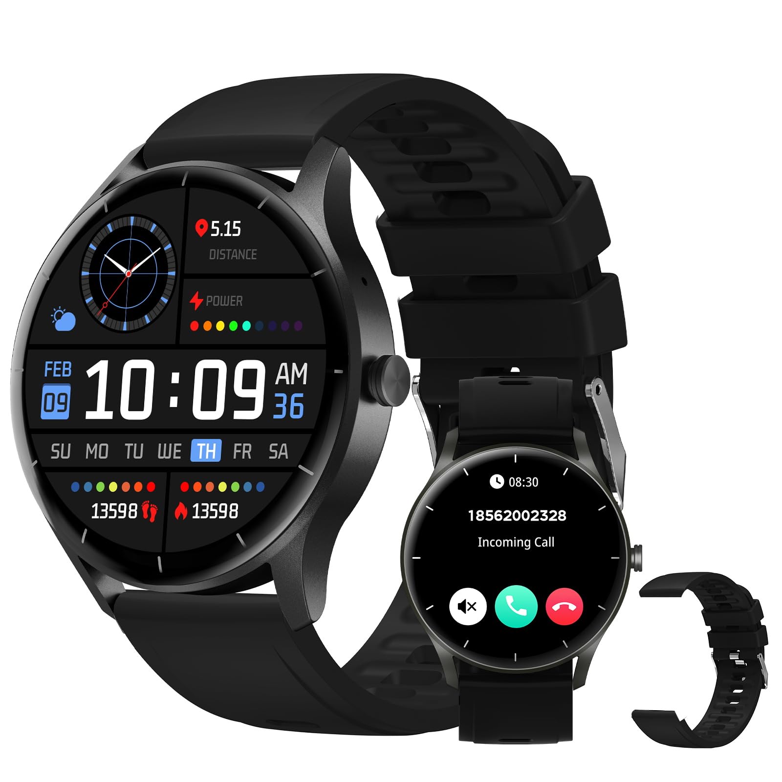 Smartwatch PEJE Relógio Smartwatch com Pulseira Extra - Tela Touch HD 1.28",À Prova d'Água IP68,Faz Chamadas Bluetooth,123+ Modos Esportivos,Bateria de 5-7 Dias,Compatível com iOS/Android.(Preto)