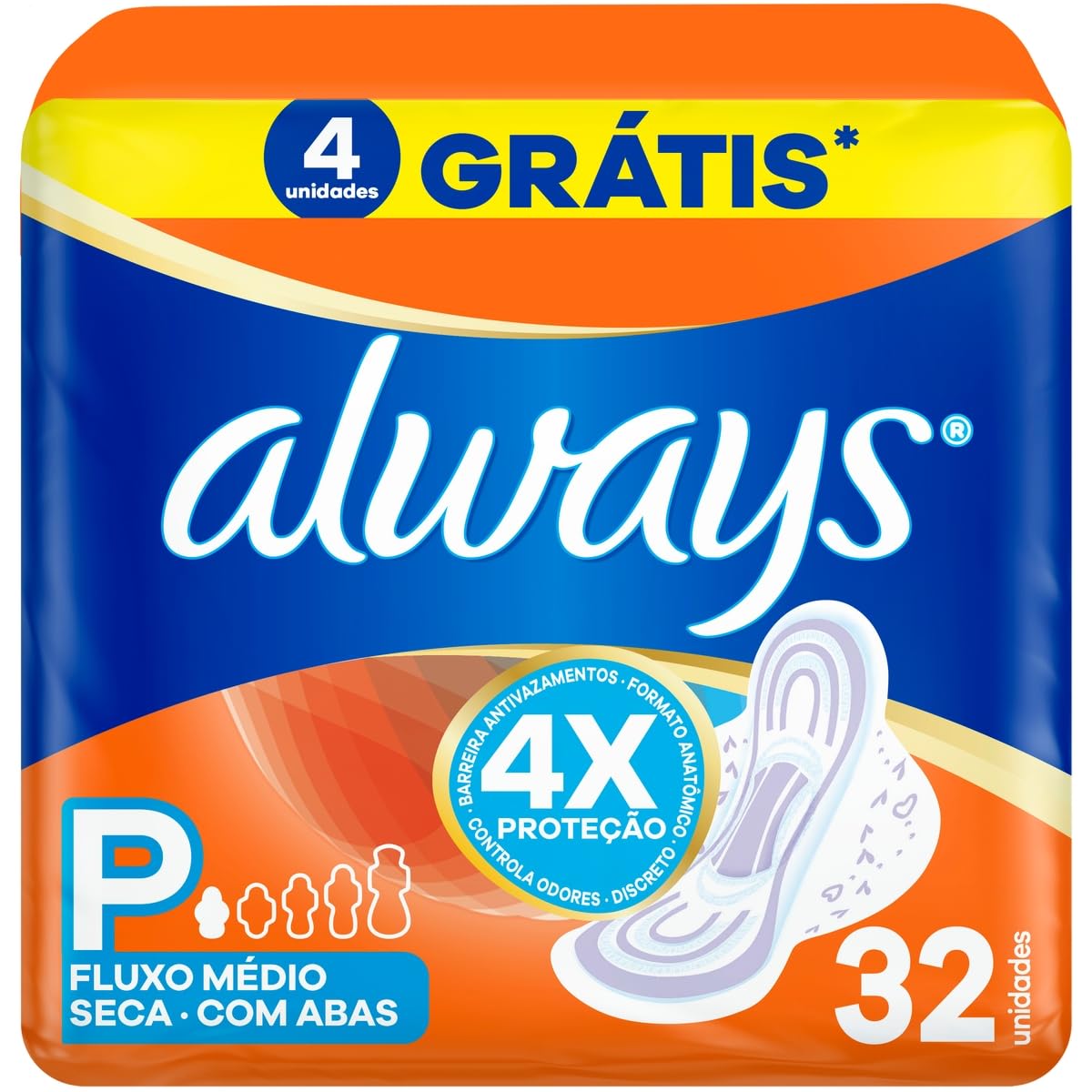 Always Seca, Absorvente com Abas, Tamanho P, 32 Unidades