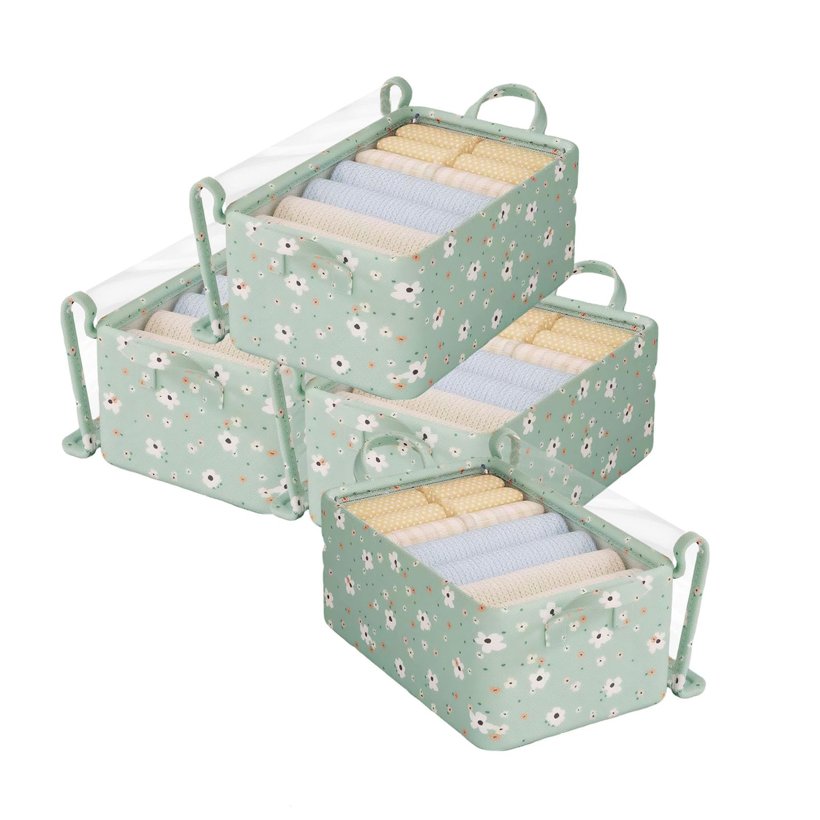 Kit 4 Caixas Organizadoras Premium Tampa Transparente Floral Verde, Base em Aço e Oxford Durável - Solução Completa para Armário, Quarto Infantil e Mais
