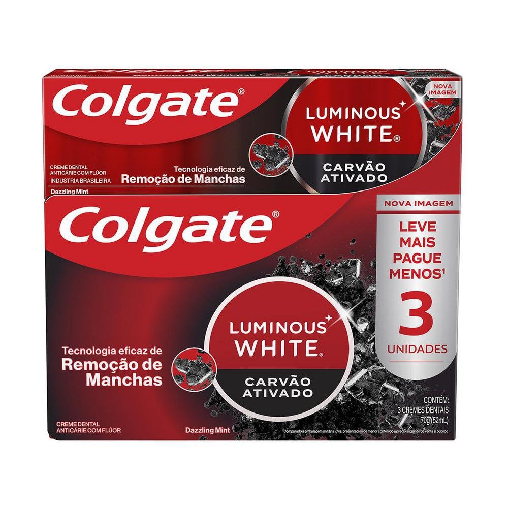 Colgate Luminous White Creme Dental Clareador Carvão Ativado 70g 3 unidades