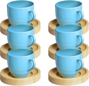 Jogo 6 Xicara Cafe Colorida Porcelana Pires Madeira 95ml - Mundo Da Porcelana (Azul)