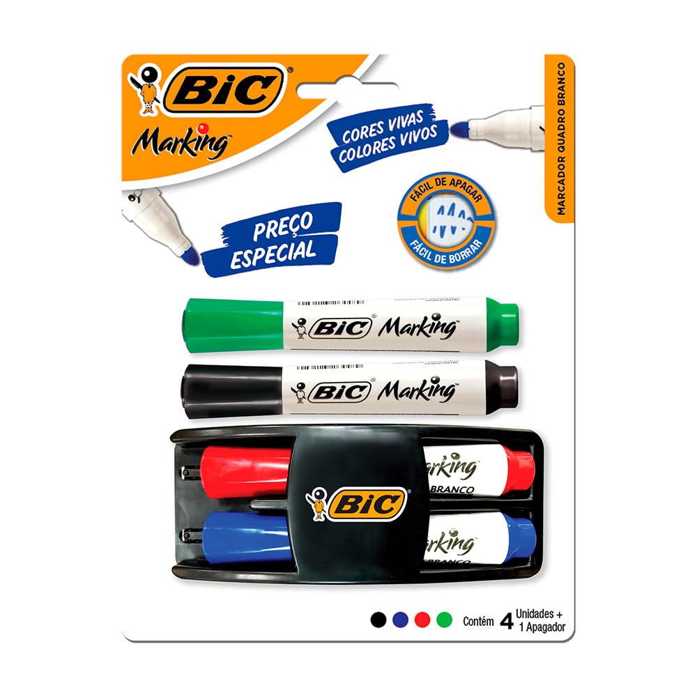 Kit 4 Marcadores De Quadro Branco BIC Marking Cores Clássicas + 1 Apagador, Ponta Resistente