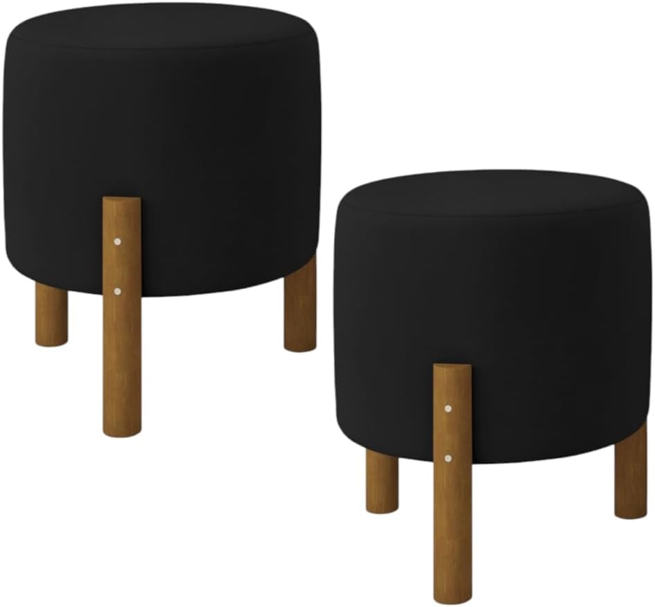 Kit 2 Puff Redondo Luxo Decorativo Charme Com Pés De Madeira Suede Preto