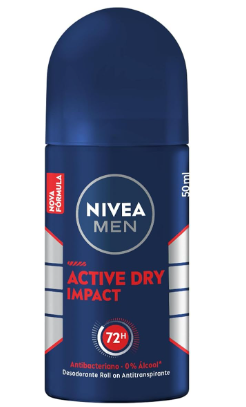 NIVEA MEN Desodorante Antitranspirante Roll On Dry Impact 50ml - Proteção prolongada de 72h, dupla proteção antitranspirante, proteção extra seca, sem alumínio, corantes e conservantes