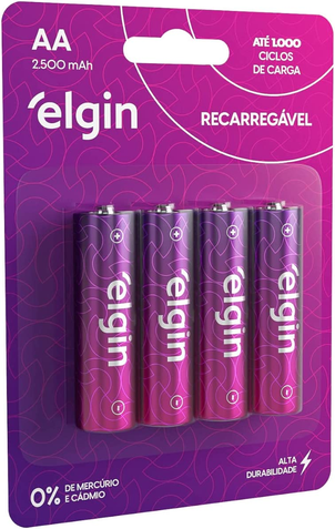 Pilha Recarregável Ni-Mh Aa-2500Mah Blister Com 4 Pilhas, Elgin, Baterias