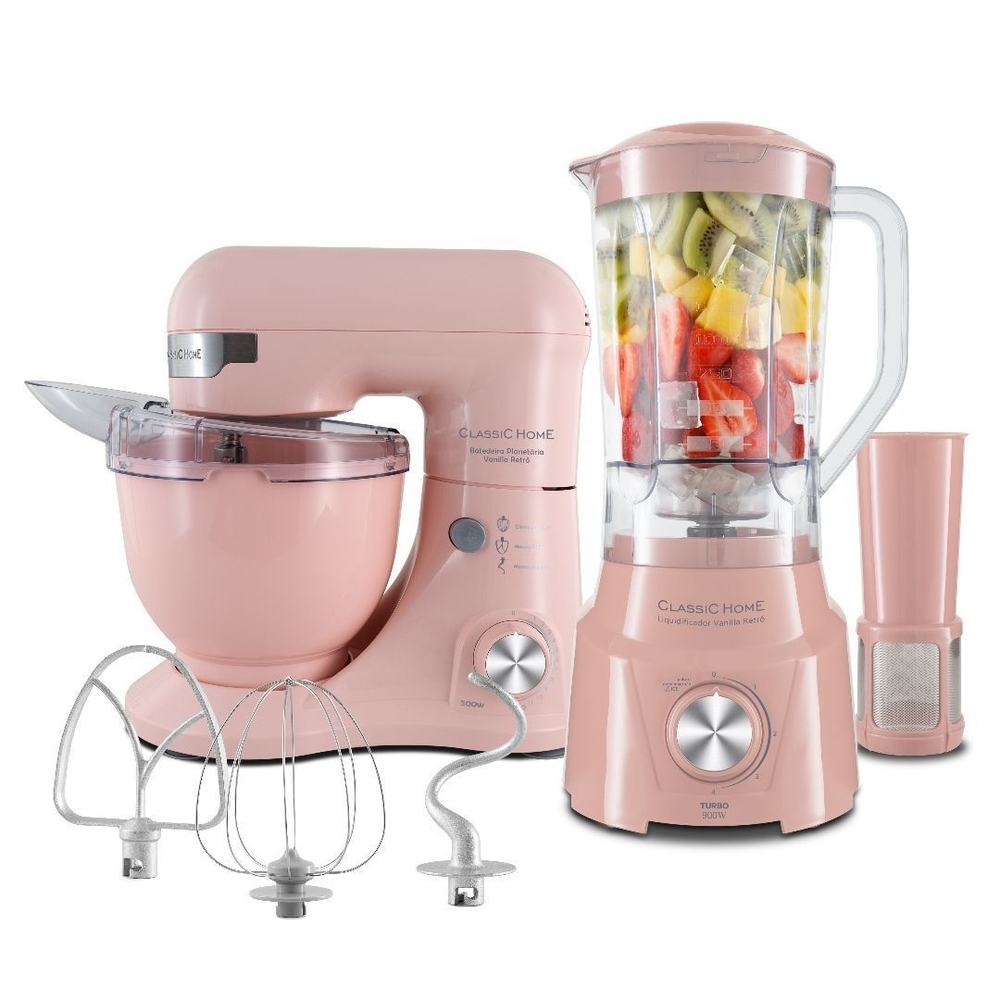 Kit 2 em 1 Liquidificador 900W + Batedeira 4L Planetária Vanilla Retrô Rosa Classic Home