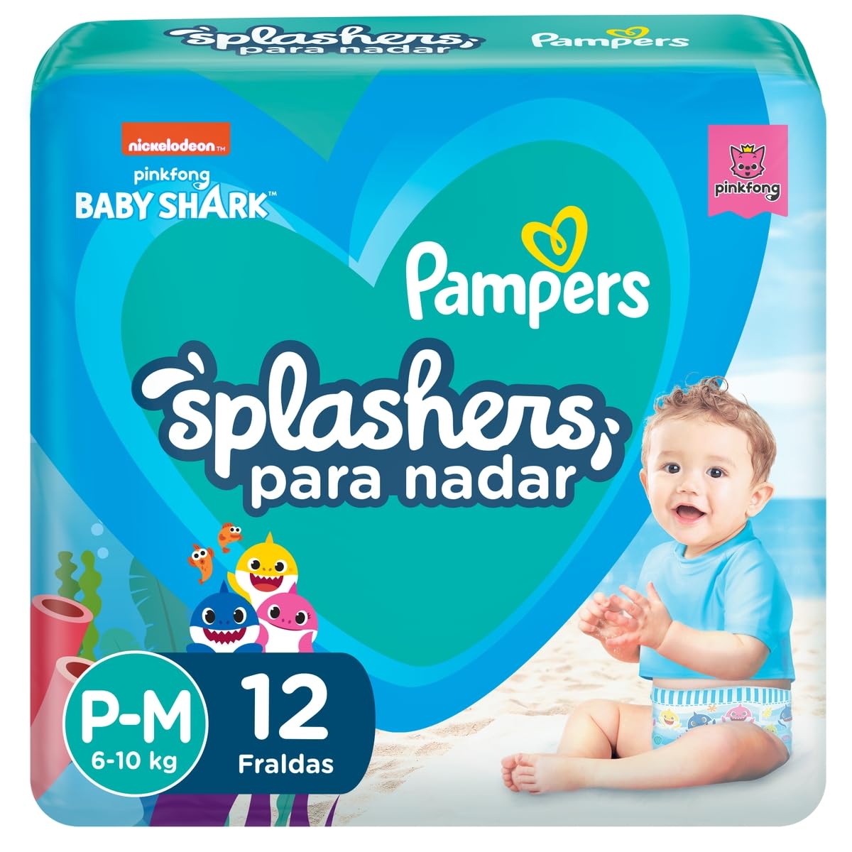 Fralda Pampers Splashers Para Nadar Baby Shark Tamanho P-M 12 Unidades